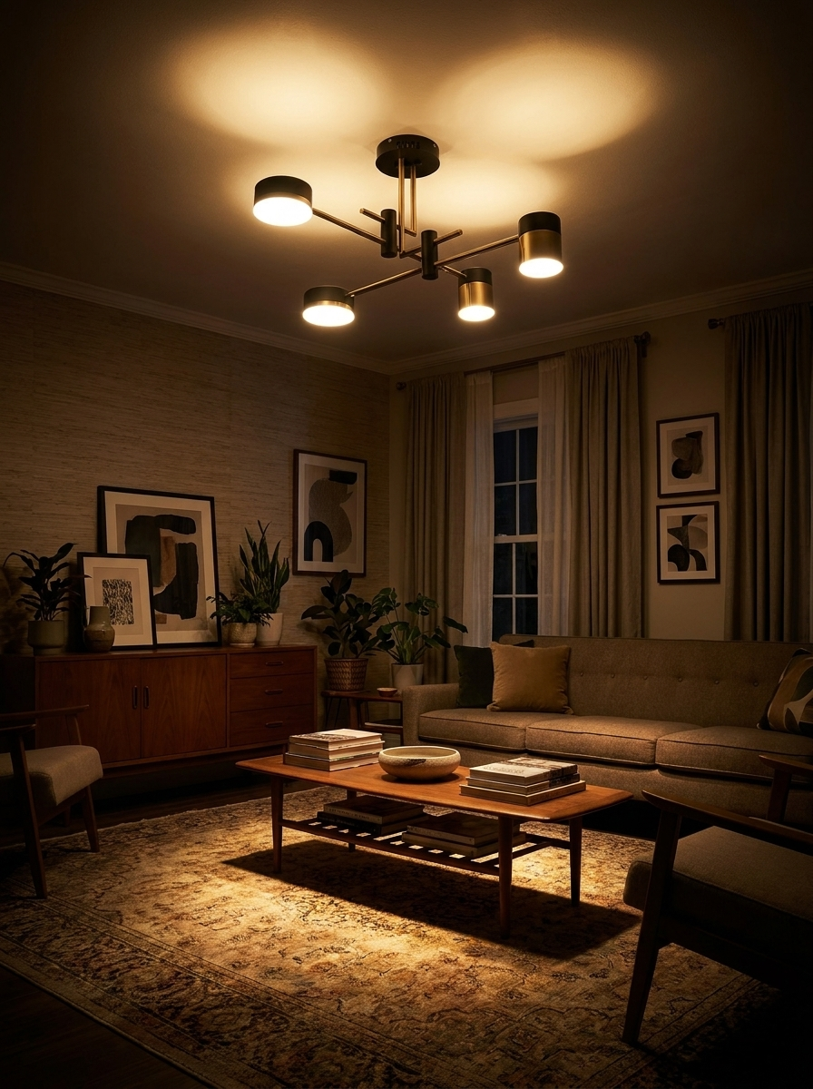 Astraios chandelier lighting a dark living room at night