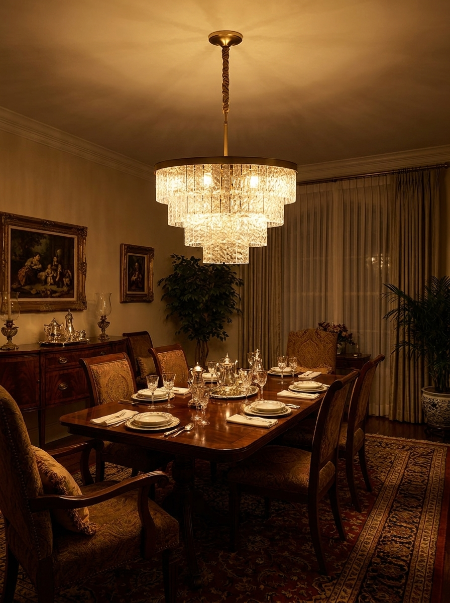 Kadmos chandelier lighting a dark dining room at night