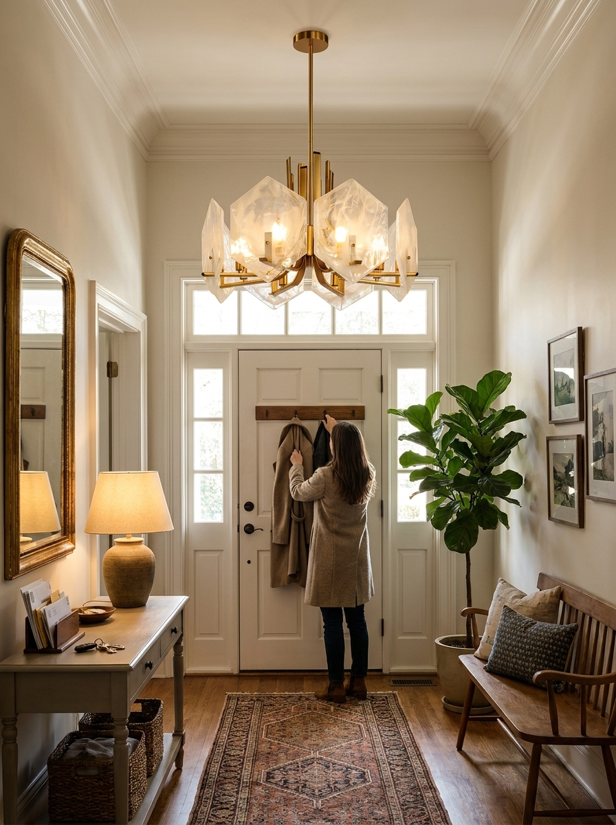 Leandros gold chandelier lighting an entrance hall as someone hangs a coat