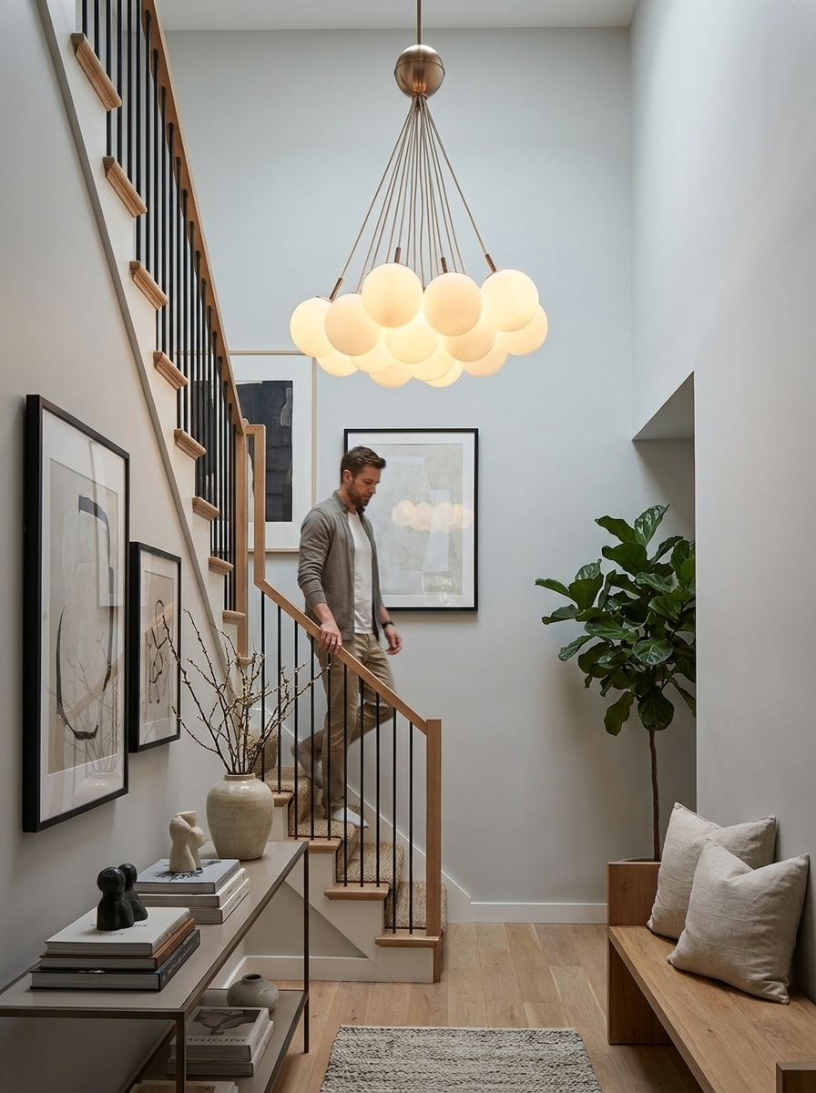Xanthe glass globe chandelier lighting a stairwell as someone walks down