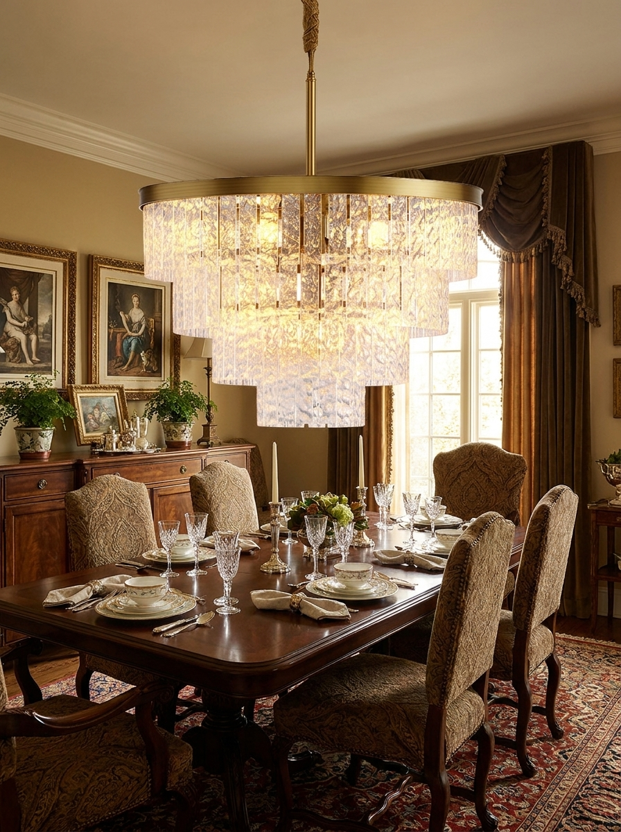 Kadmos chandelier lit above a furnished dining table