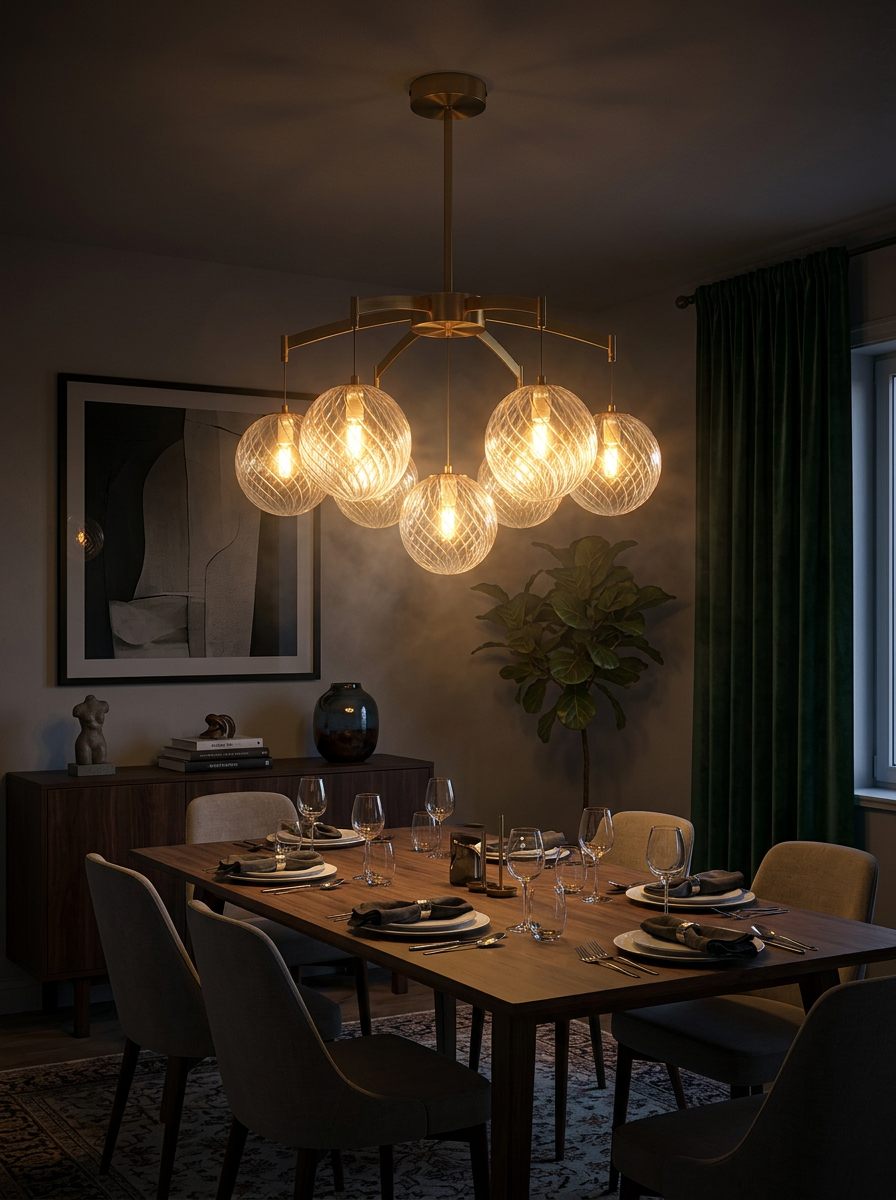 Lysandra brass globe chandelier lighting a dark dining room at night