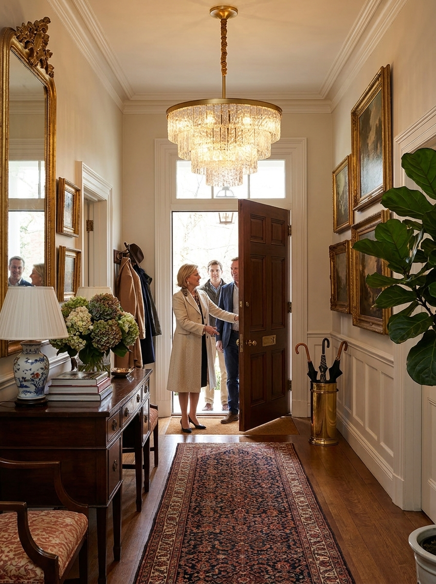 Kadmos chandelier lighting an entrance hall as guests arrive