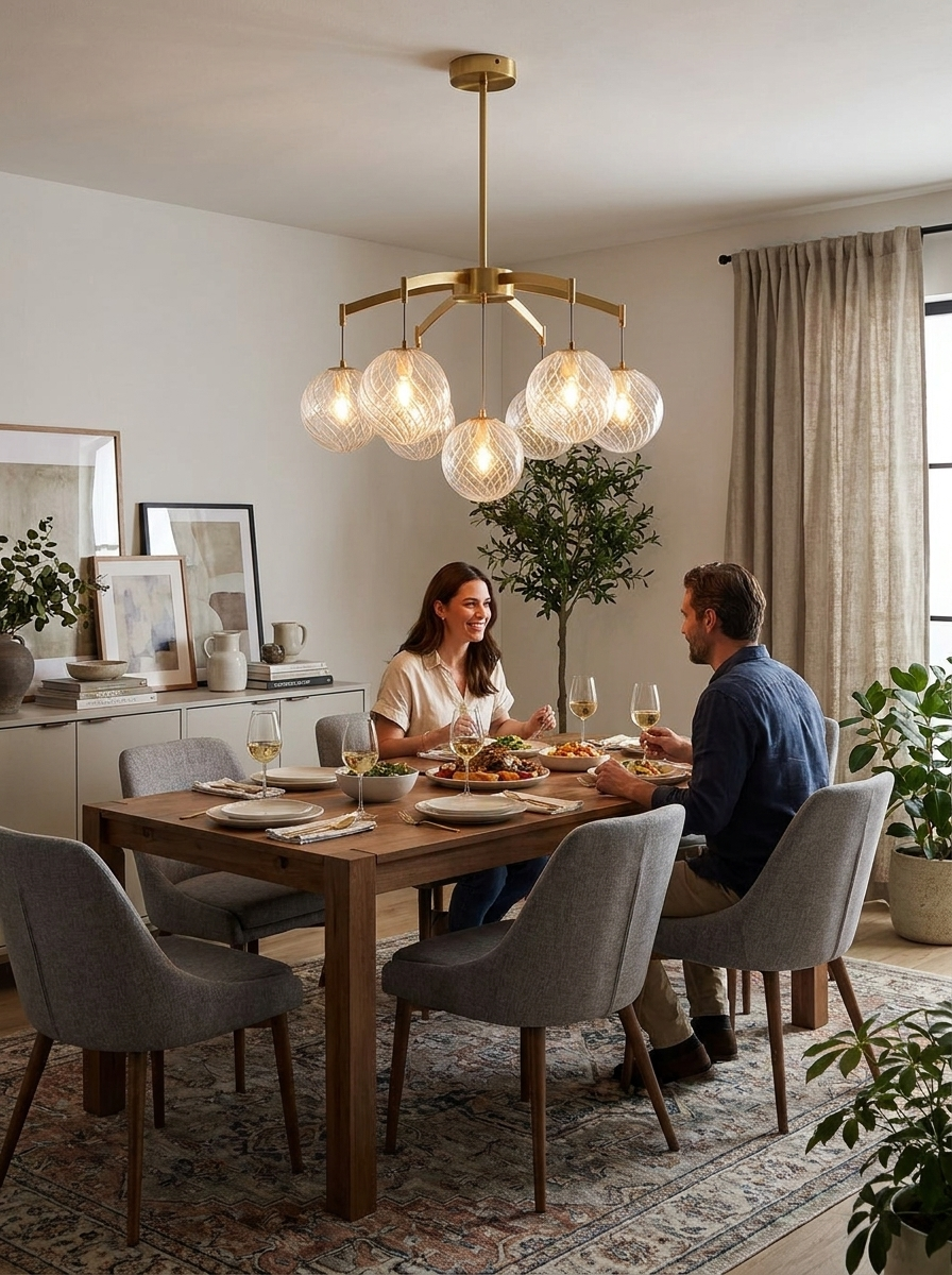 Lysandra brass globe chandelier lighting a couple at dinner