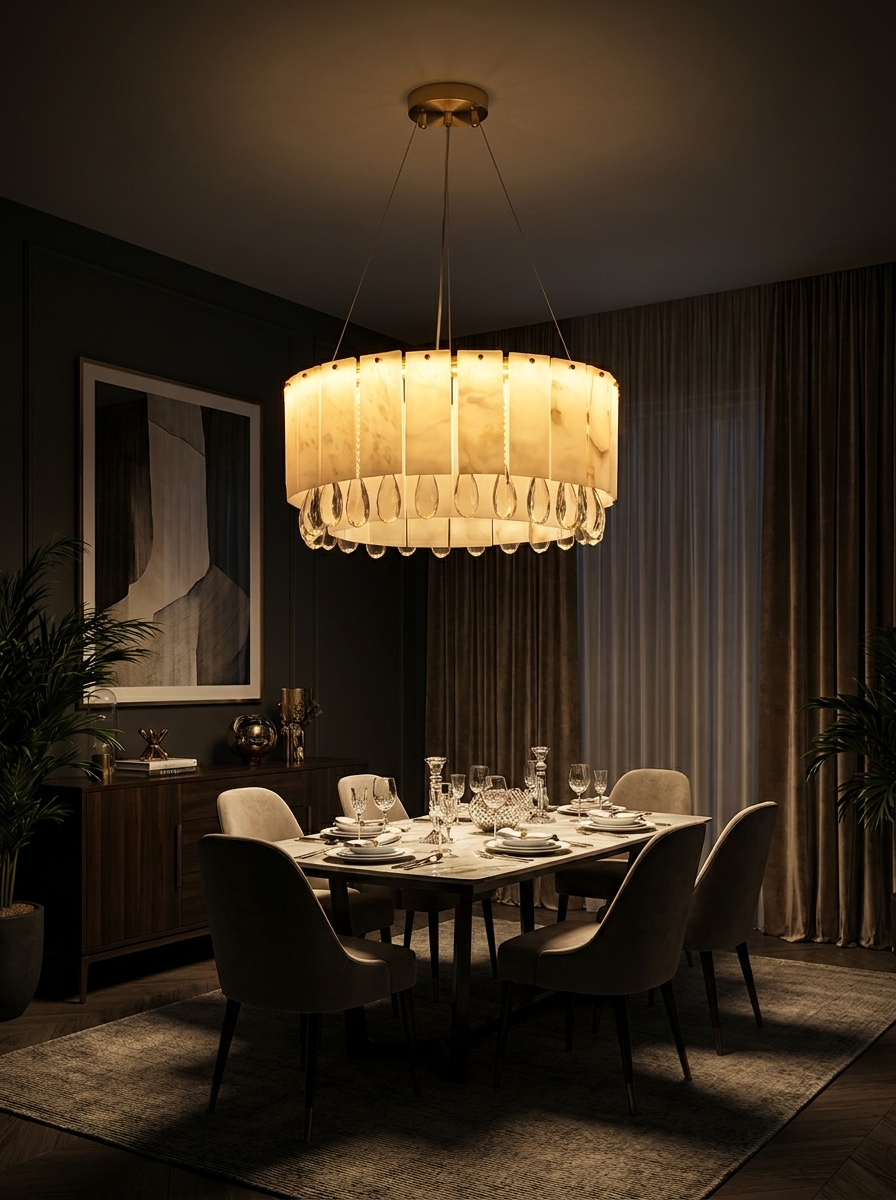 Melantho stone chandelier lighting a dark dining room at night