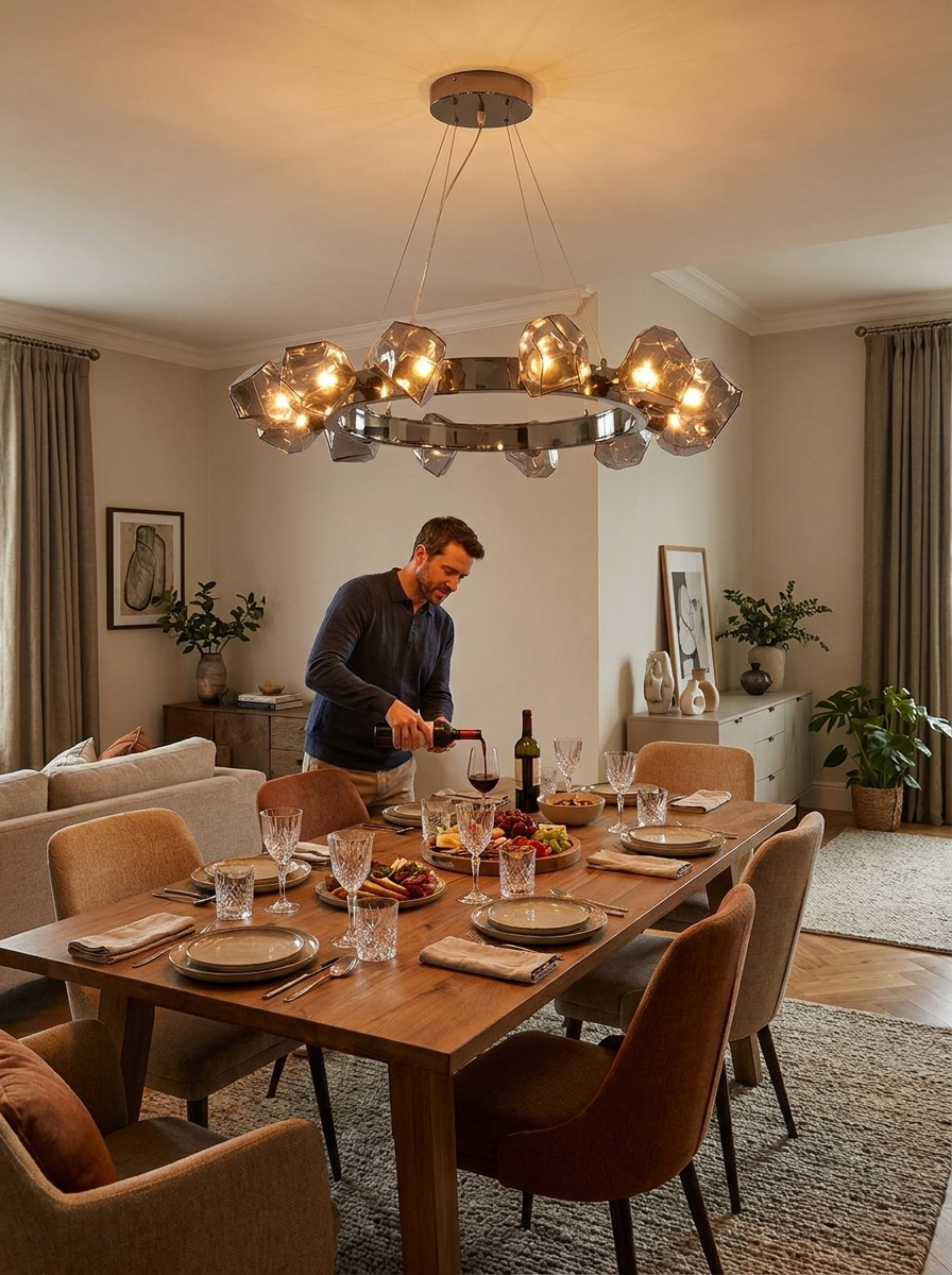 Alekto black ring chandelier lighting a dining table while wine is poured