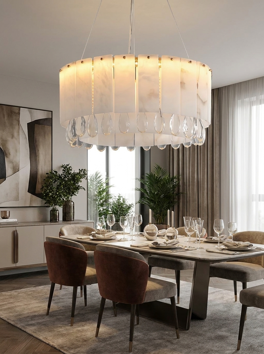 Melantho stone chandelier lit above a furnished dining table