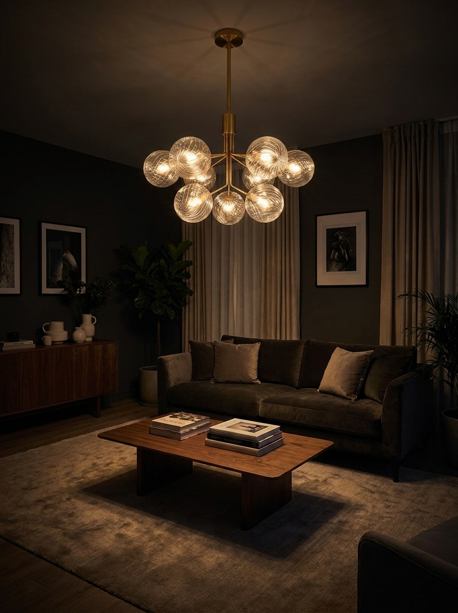 Cassia glass ball chandelier lighting a dark living room at night