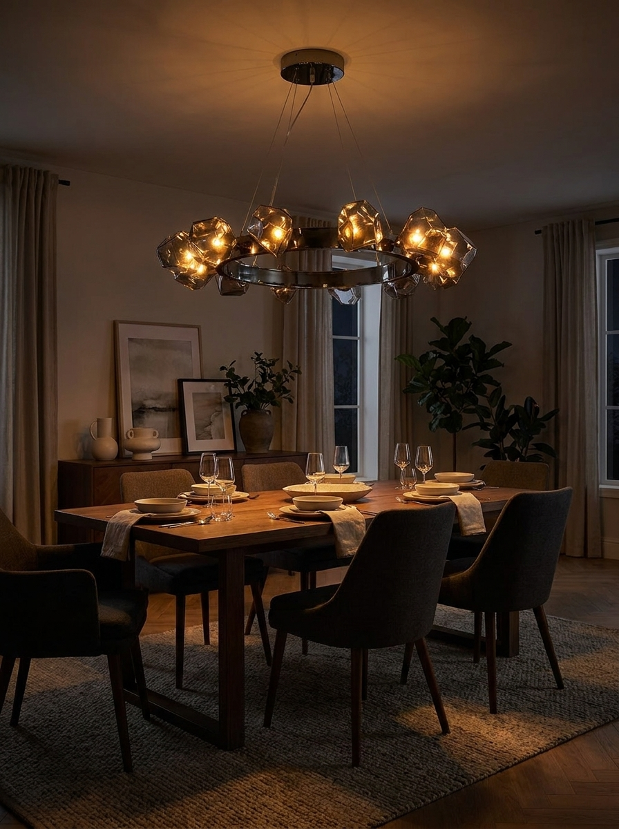 Alekto black ring chandelier lighting a dark dining room at night
