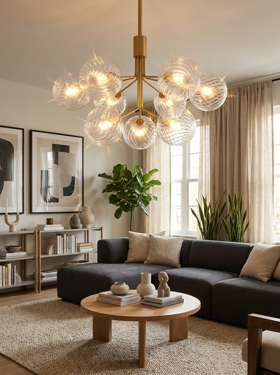 Cassia glass ball chandelier lit in a furnished living room