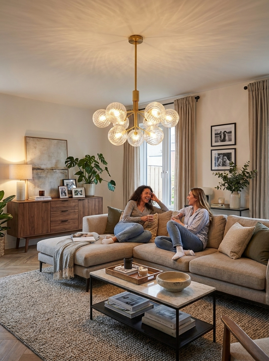 Cassia glass ball chandelier lighting friends talking in a living room