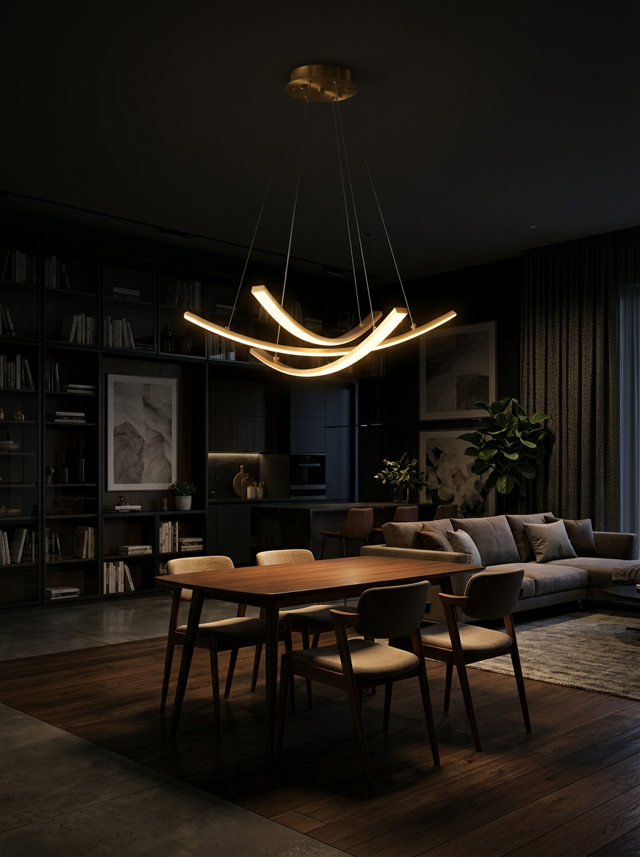 Isadora LED pendant lighting a dark open plan room at night
