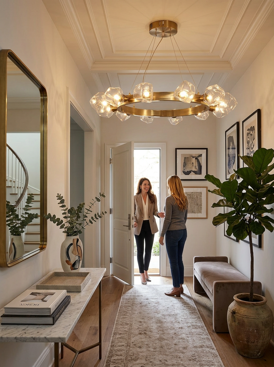 Praxis gold ring chandelier lighting an entrance hall as guests arrive