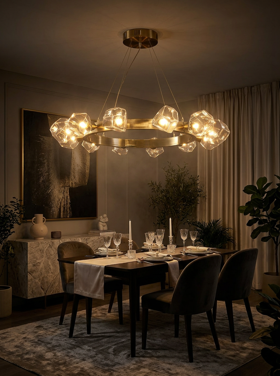 Praxis gold ring chandelier lighting a dark dining room at night