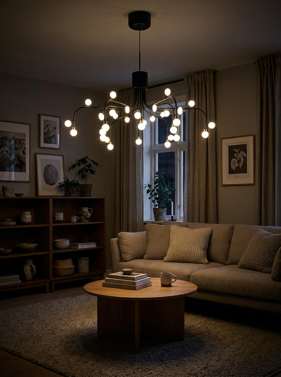 Alcaeus LED chandelier lighting a dark living room at night