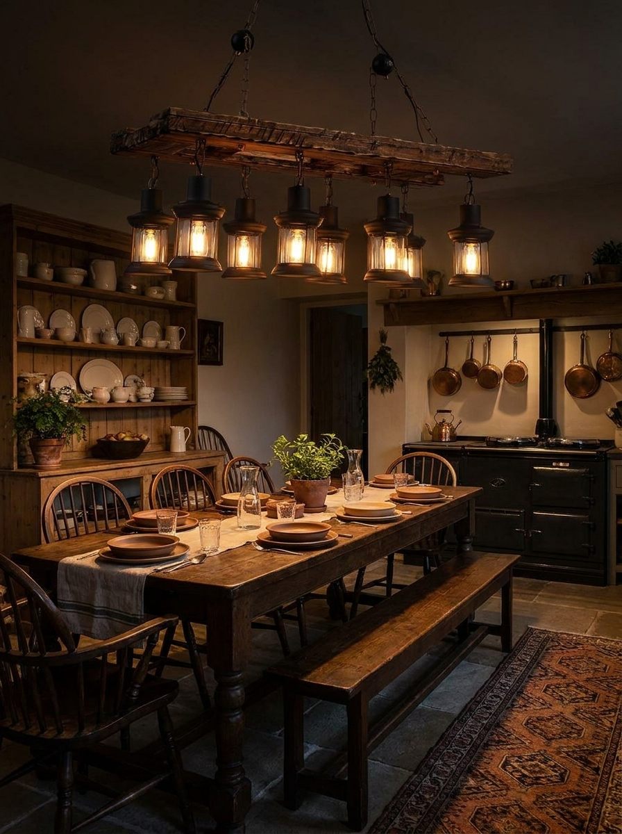 Kallias lantern chandelier lighting a dark kitchen at night