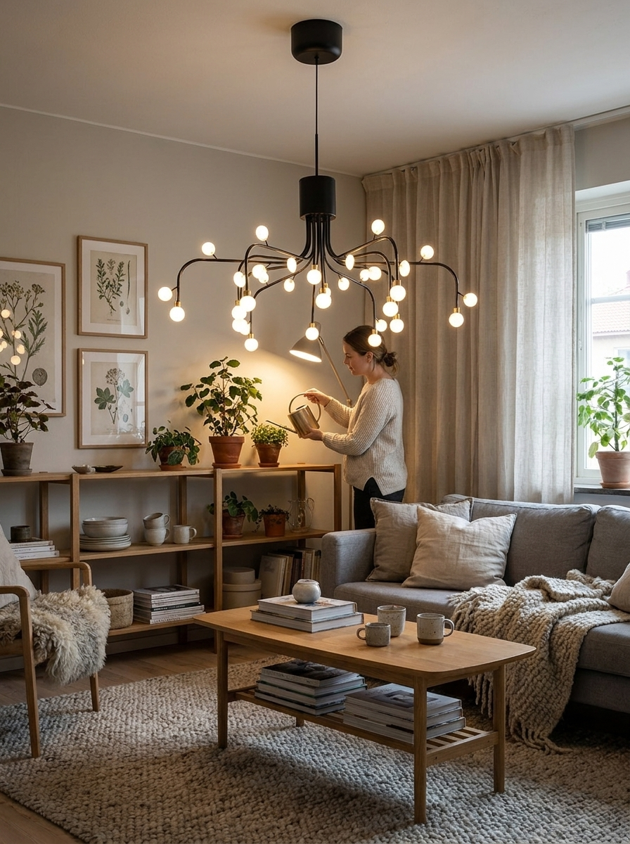 Alcaeus LED chandelier lighting a Nordic living room in use