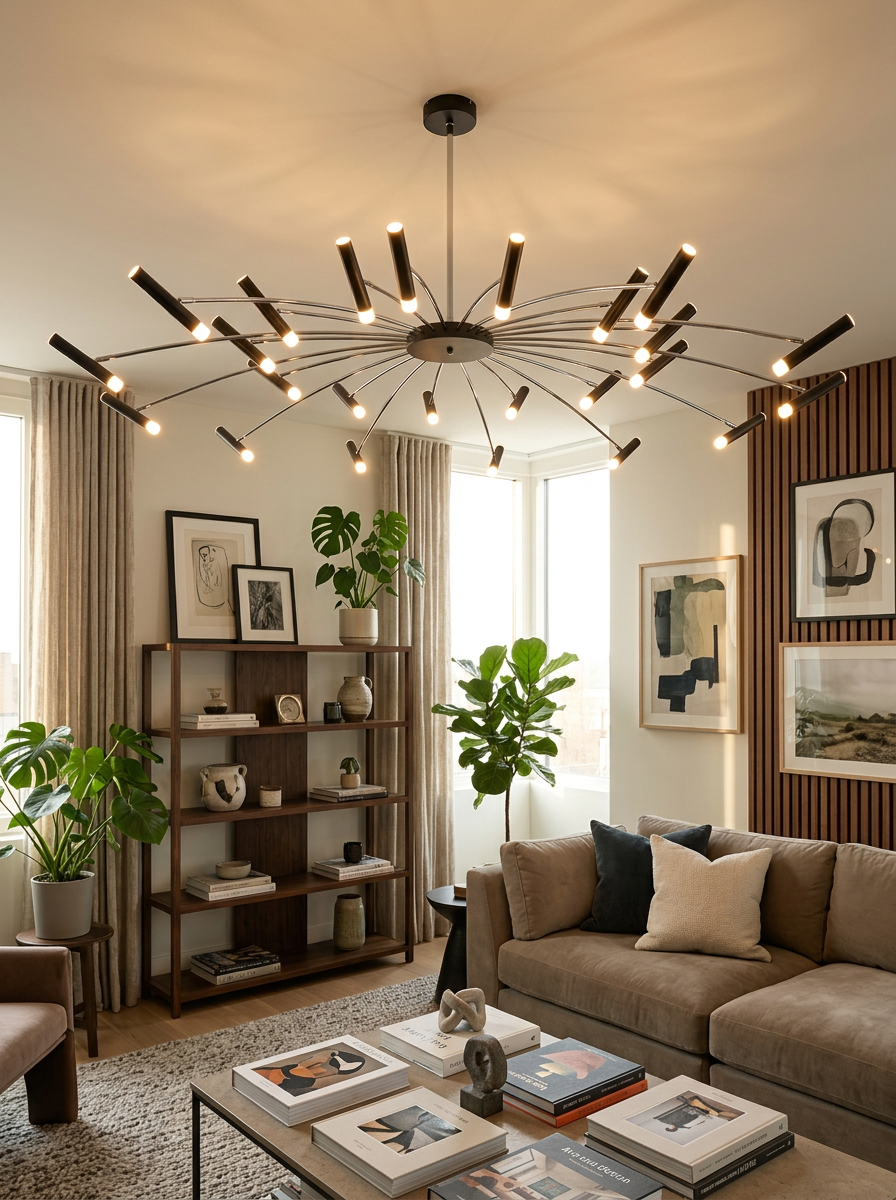 Kleitos adjustable head chandelier lit in a furnished living room