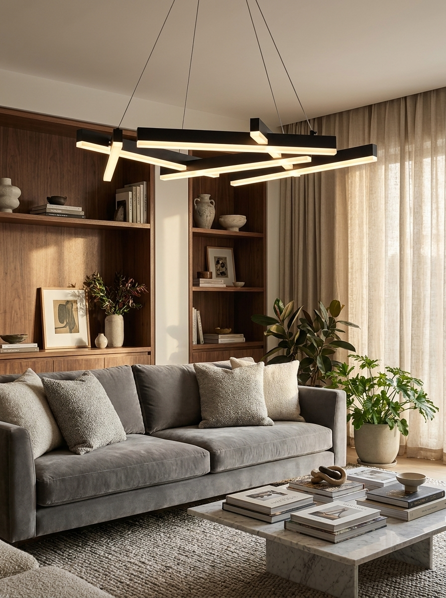 Straton LED chandelier lit in a furnished living room