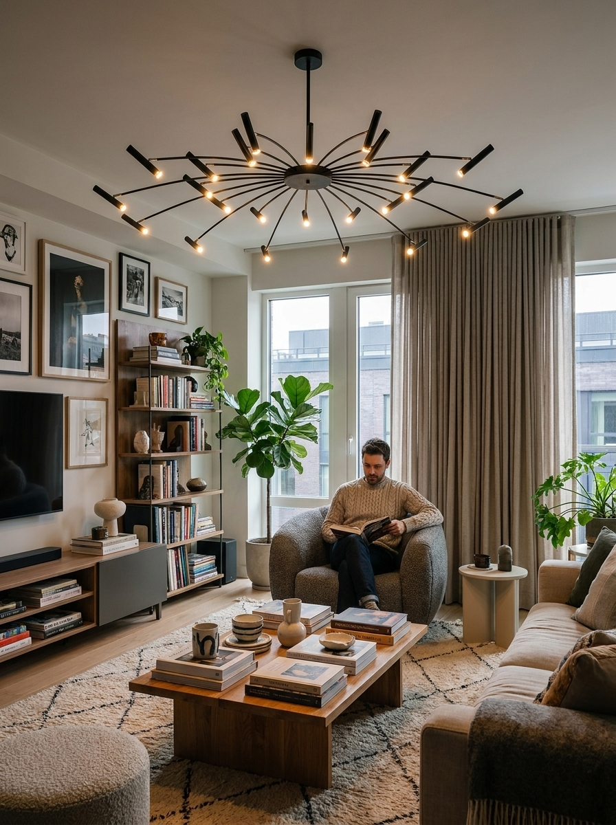 Kleitos adjustable head chandelier lighting a man reading