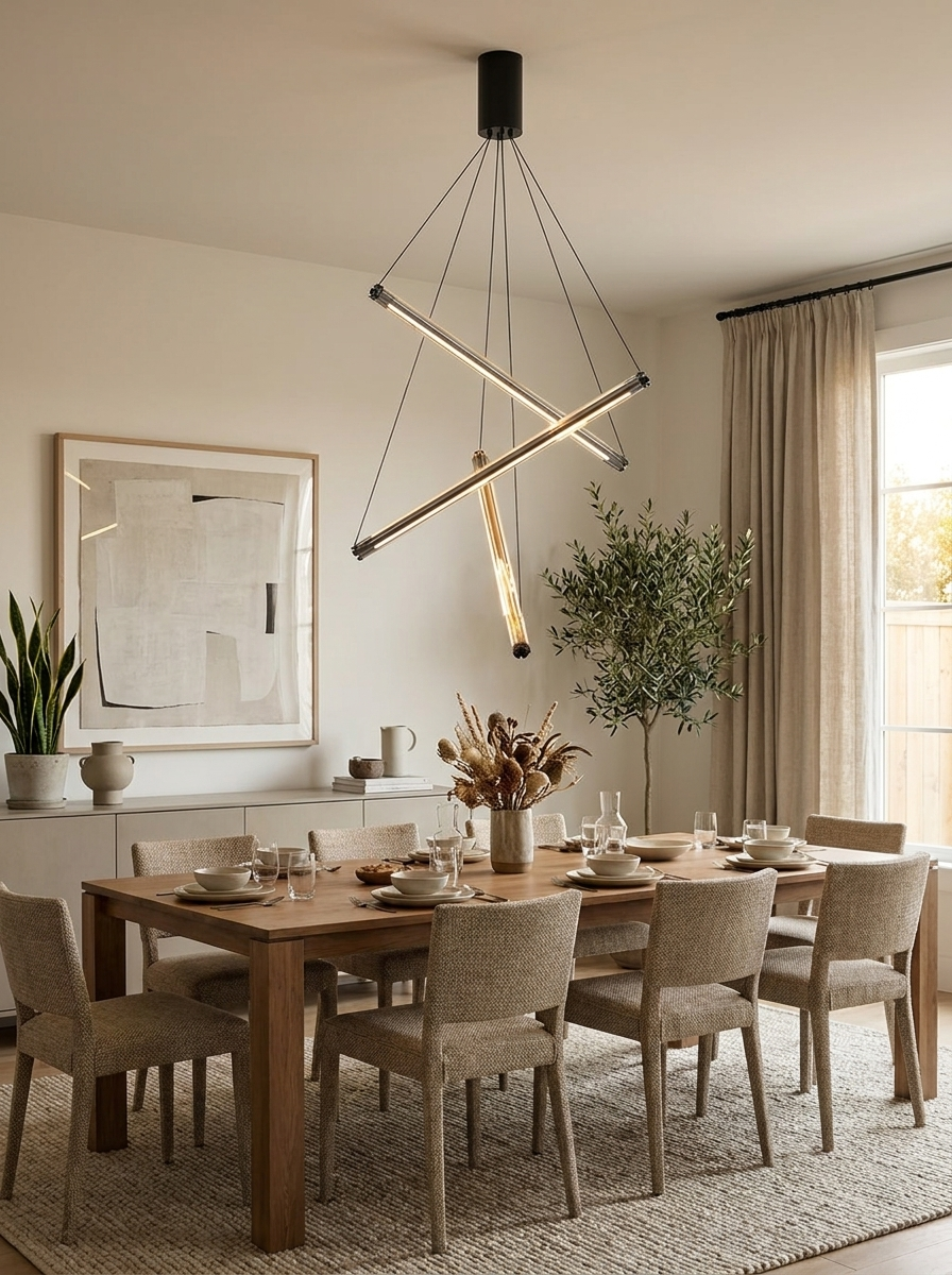 Ithaka linear chandelier lit above a furnished dining table