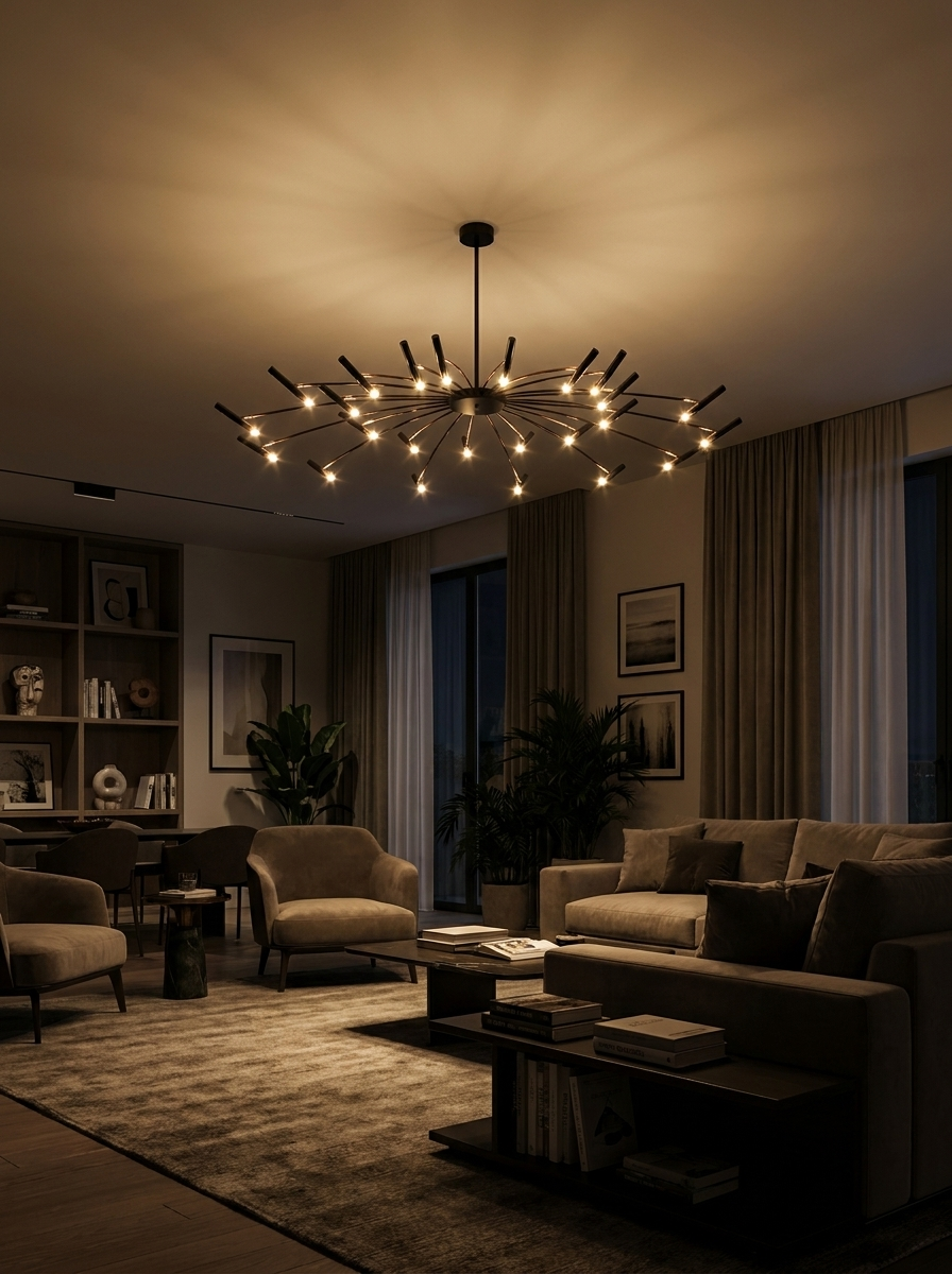 Kleitos adjustable head chandelier lighting a dark living room at night