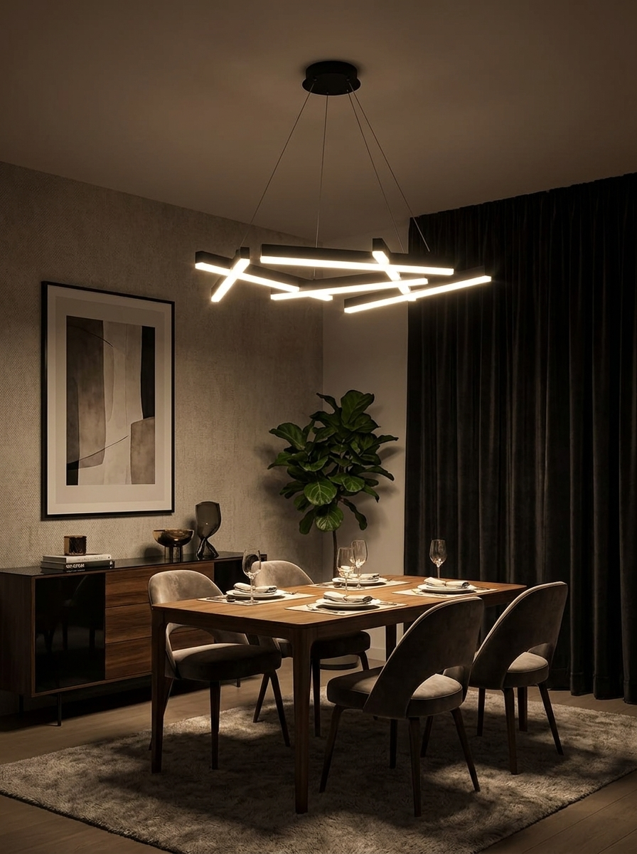 Straton LED chandelier lighting a dark dining room at night