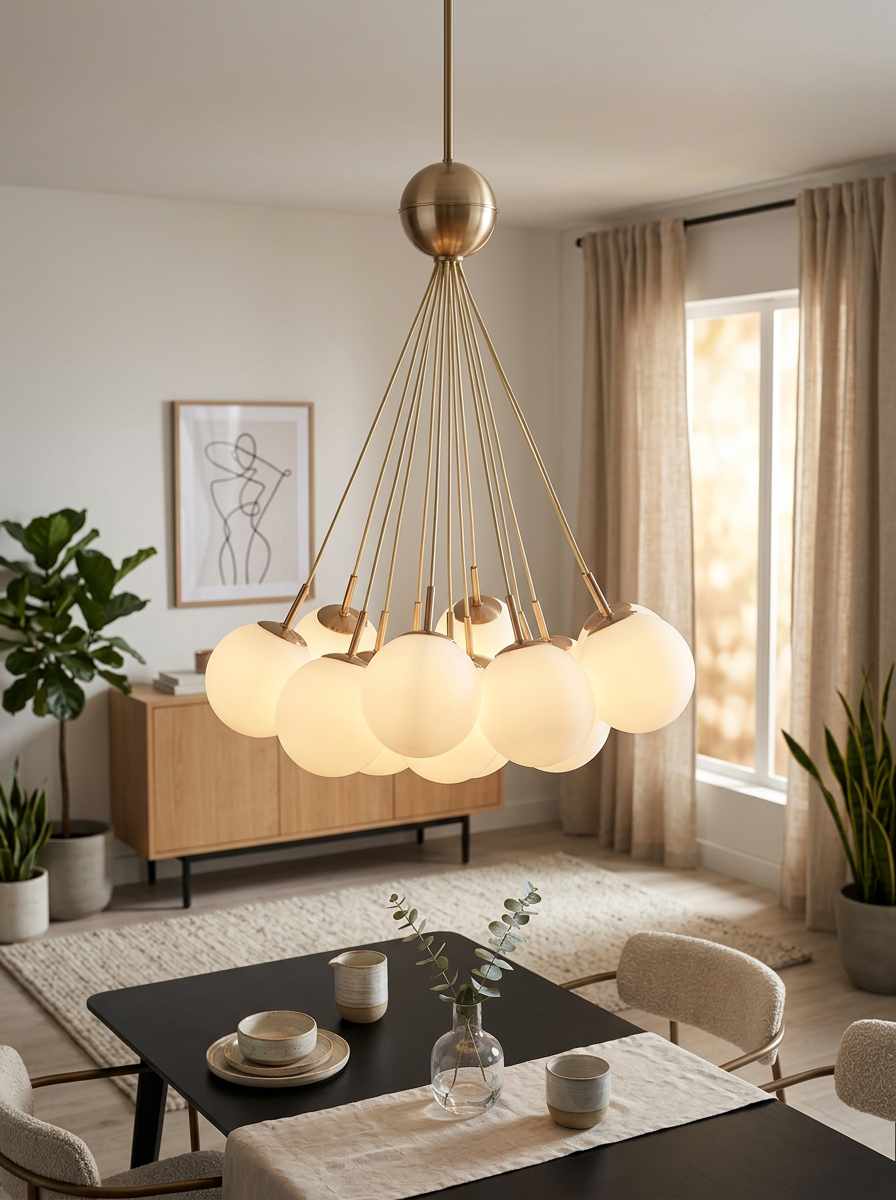 Xanthe chandelier showing frosted opal globes on a slender gold frame