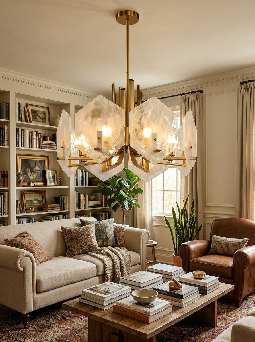 Leandros chandelier showing faceted alabaster toned glass panels
