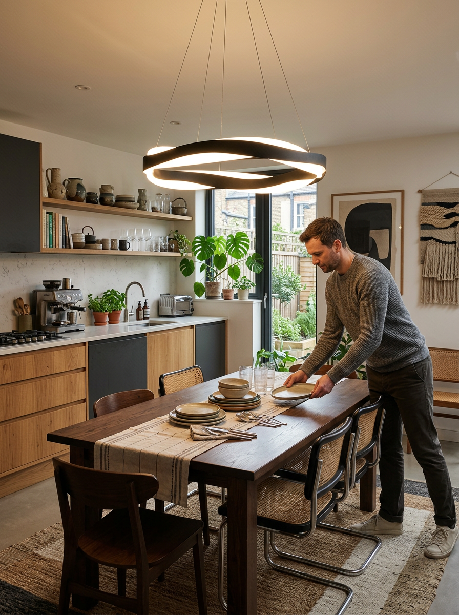Xenon wave pendant lighting a table being laid for a meal