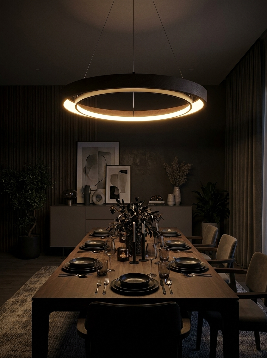 Rhodanthe double ring chandelier lighting a dark dining room at night