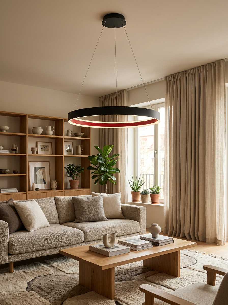 Philomena ring chandelier lit in a furnished living room