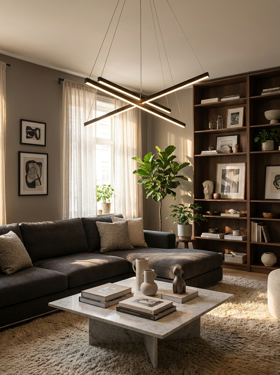 Pheres chandelier lit in a furnished living room