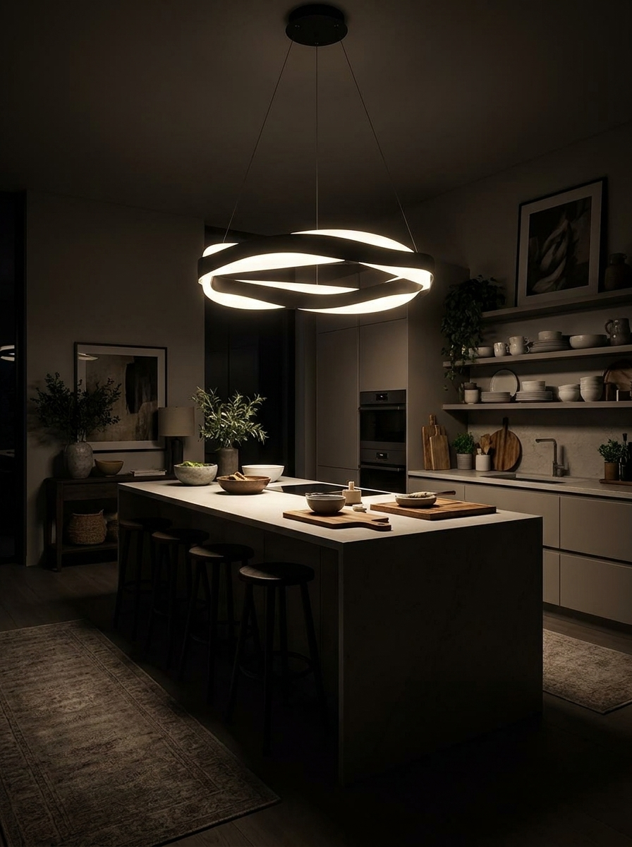 Xenon wave pendant lighting a dark kitchen at night