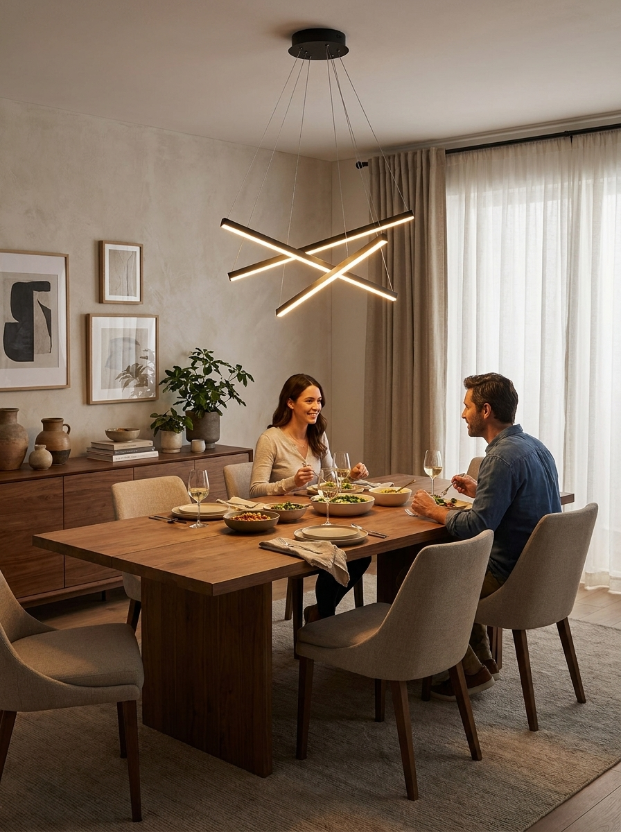 Pheres chandelier lighting a couple at dinner