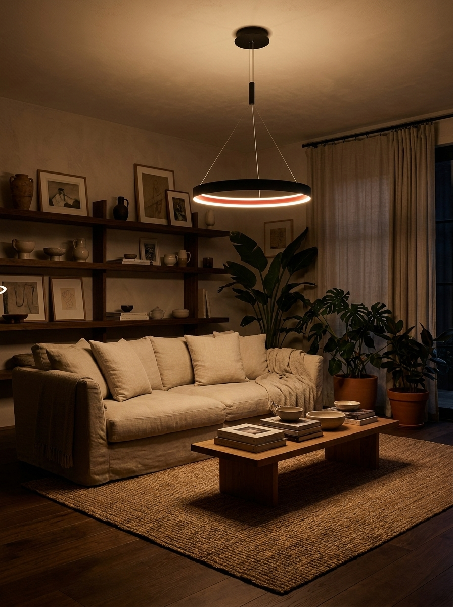Philomena ring chandelier lighting a dark living room at night