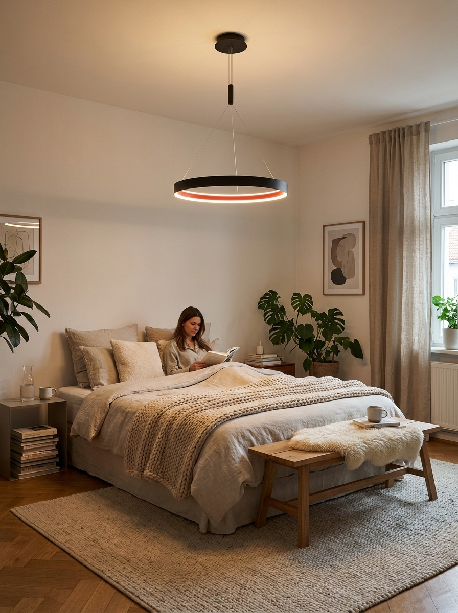 Philomena ring chandelier lighting a bedroom while someone reads