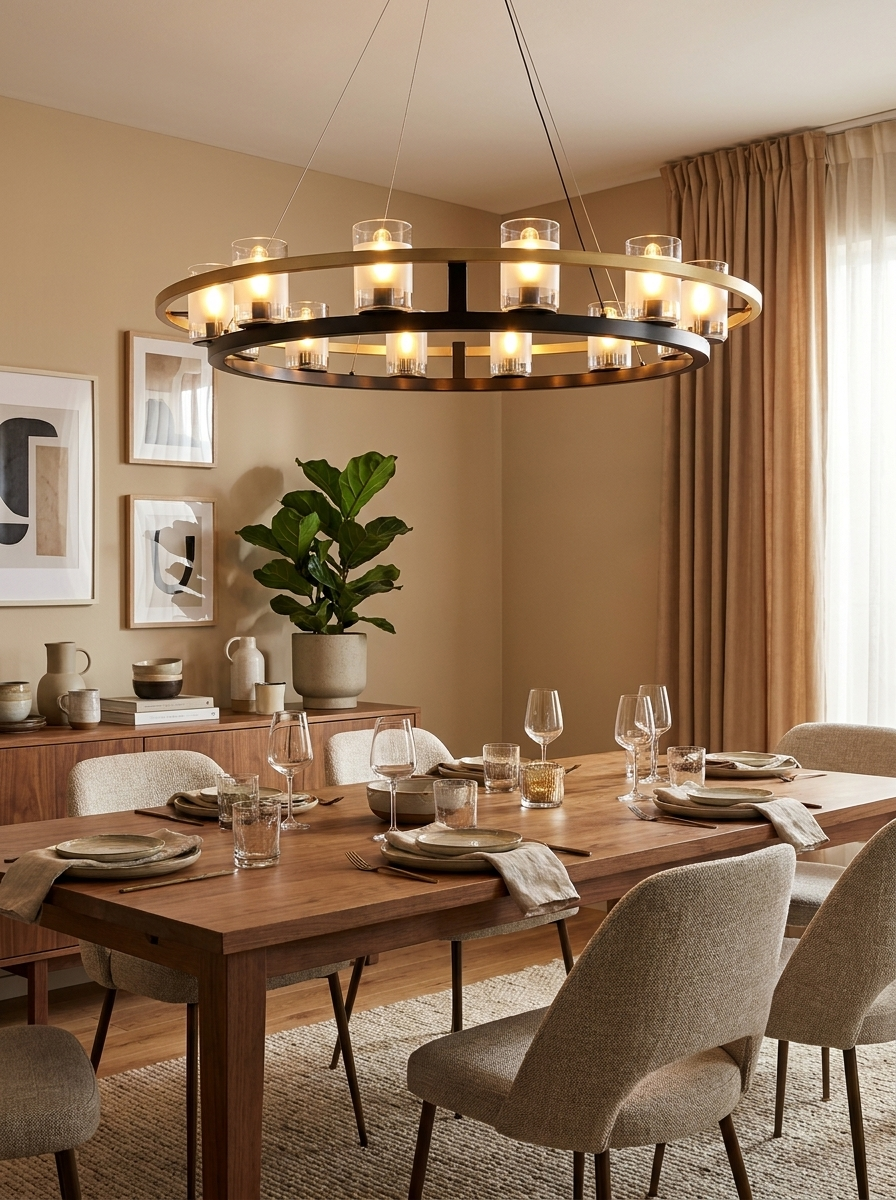Agathon chandelier showing clear glass shades with visible bulbs