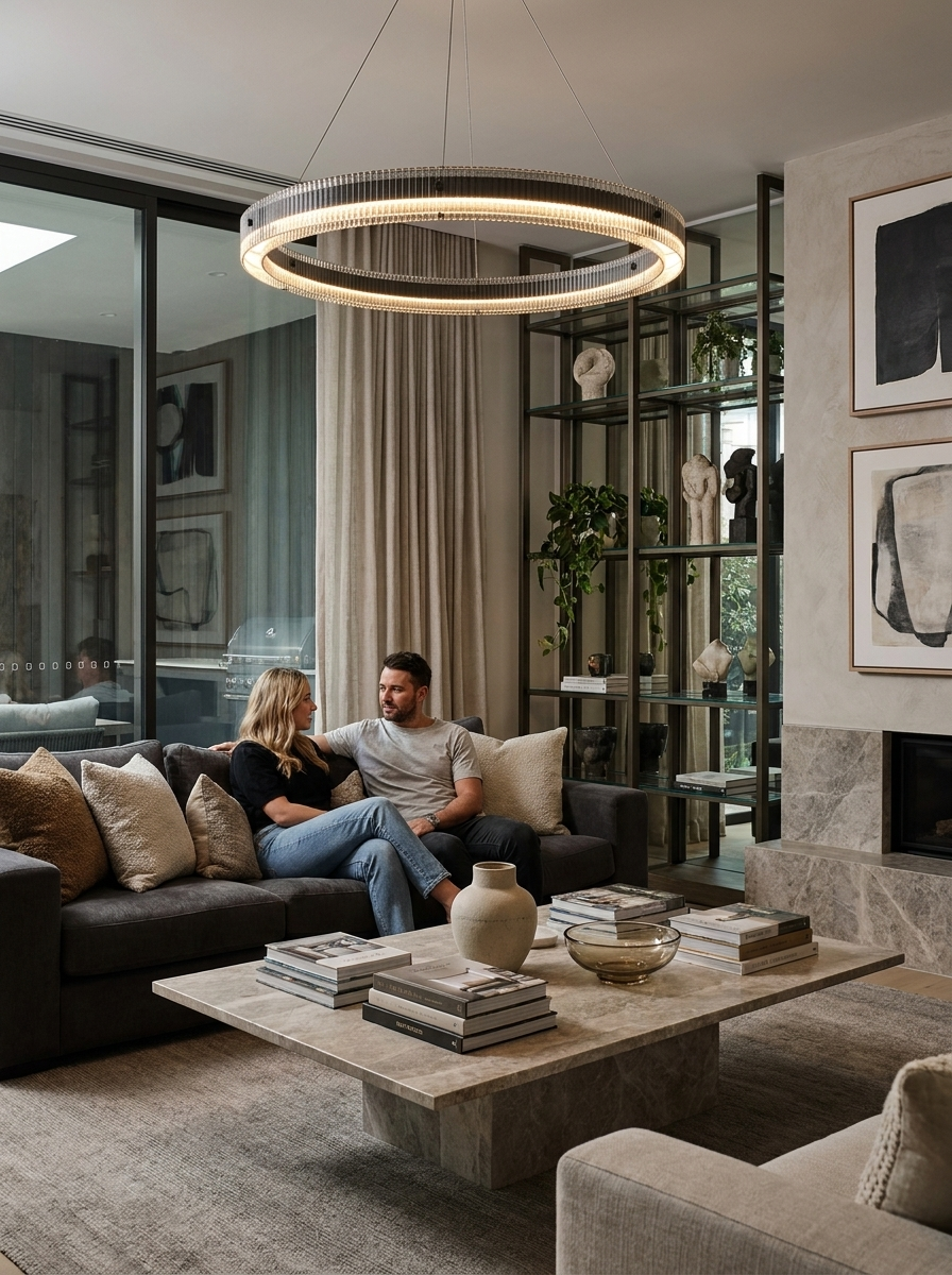 Nestor halo ring pendant lighting a living room in use