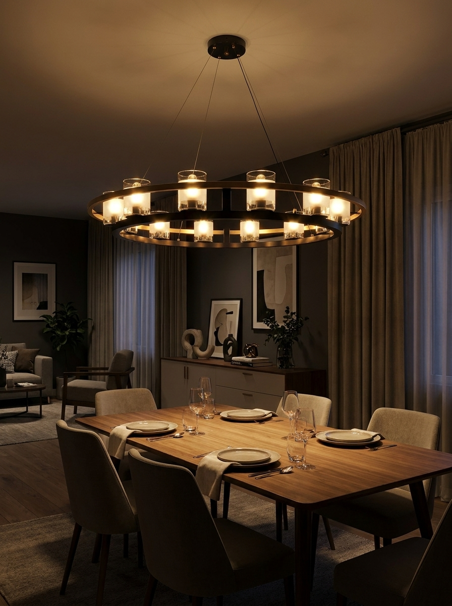 Agathon chandelier lighting a dark dining room at night