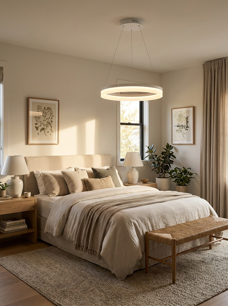 Larisa ring pendant lit in a furnished bedroom
