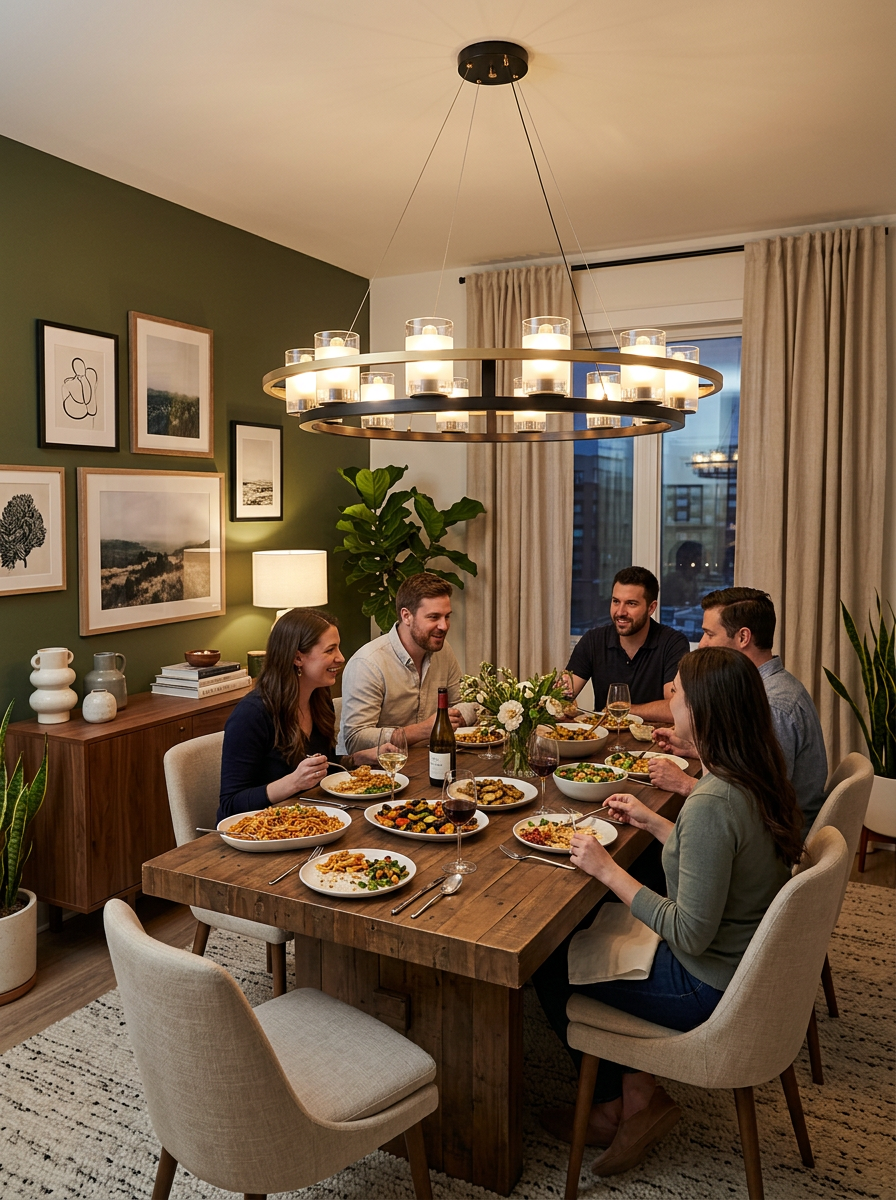 Agathon chandelier lighting friends at a dinner table