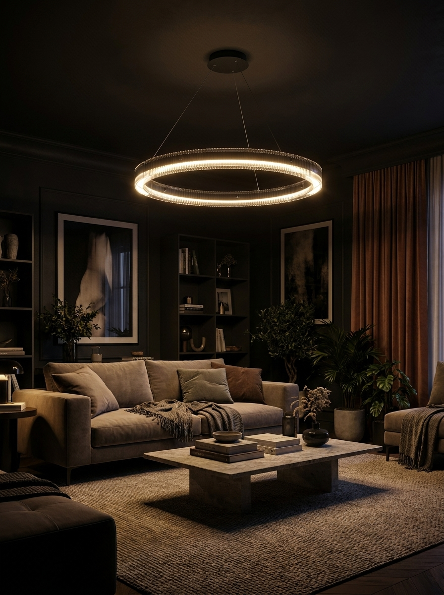 Nestor halo ring pendant lighting a dark living room at night