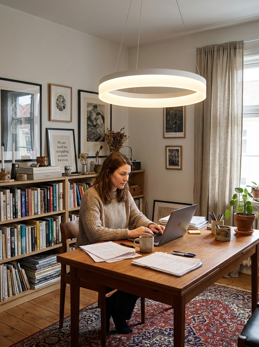 Larisa ring pendant lighting a home office while someone works