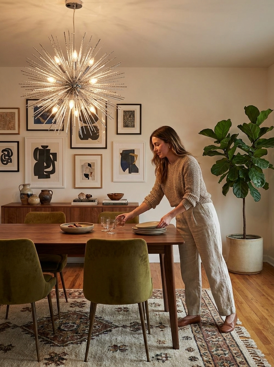 Alphaios chandelier in use in a furnished room