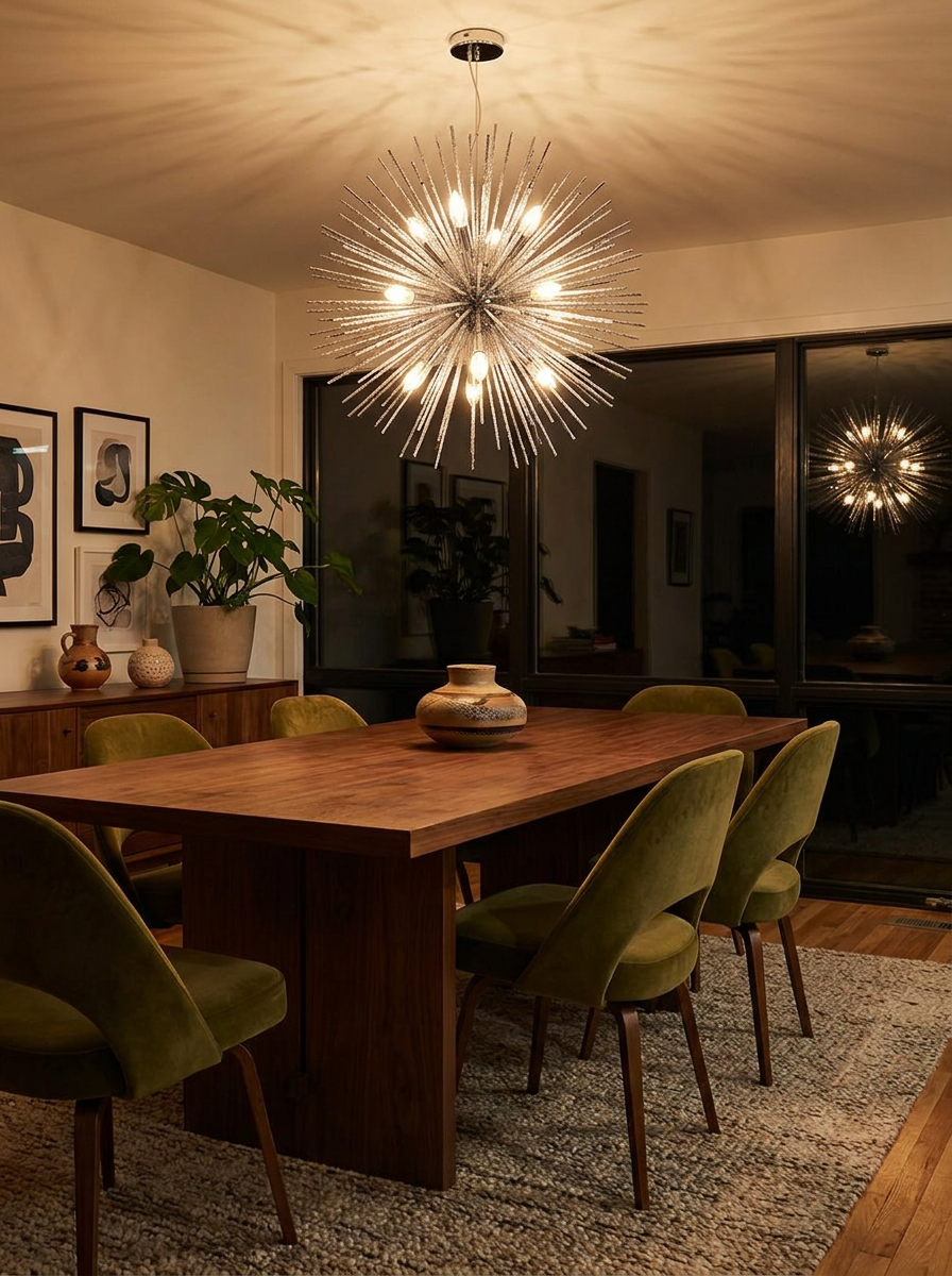 Alphaios chandelier lighting a room at night