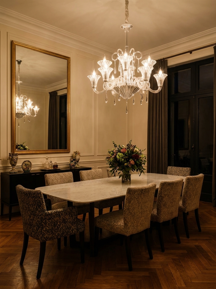 Hylas chandelier lighting a room at night