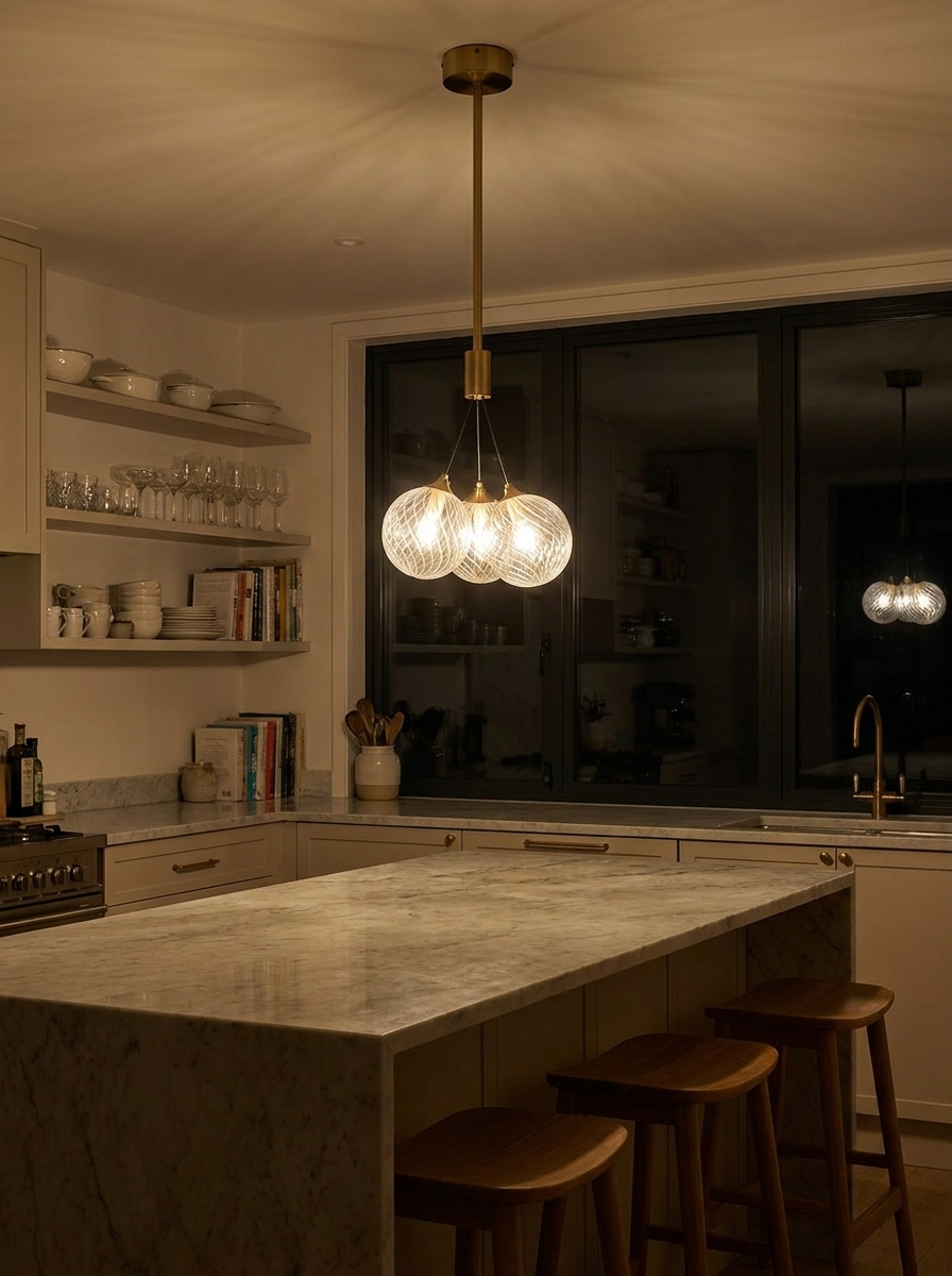 Orestes chandelier lighting a room at night