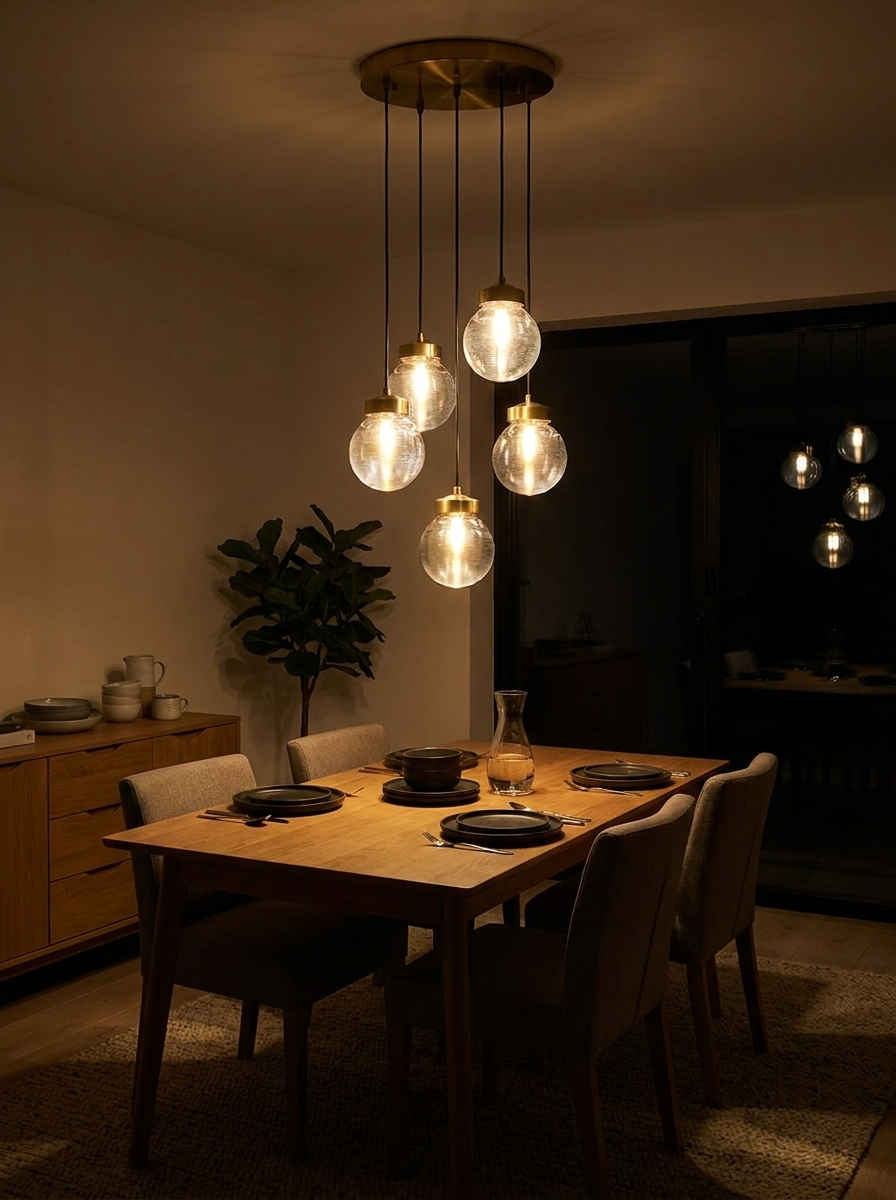 Aglaia chandelier at night as the only light over a dining table