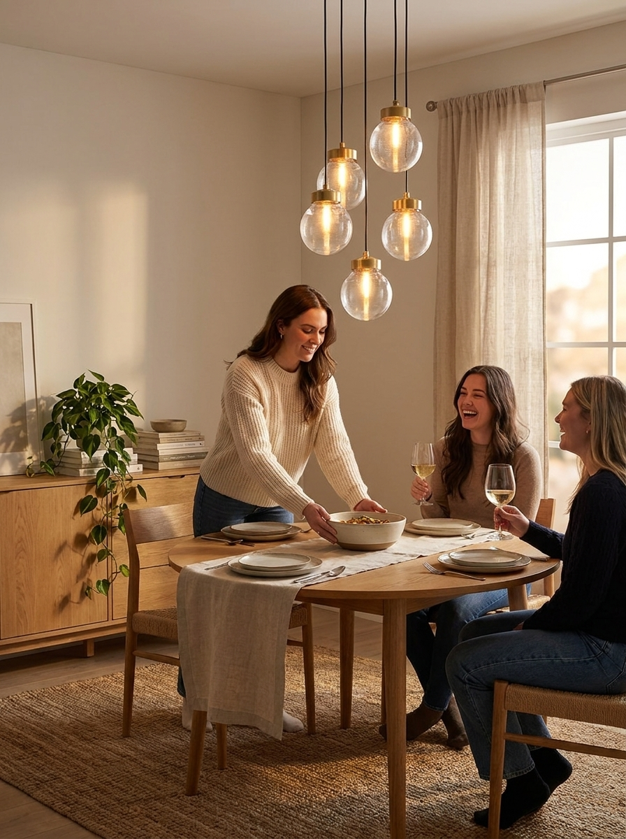 Aglaia copper and glass globe chandelier lit over a Scandinavian oak dining table
